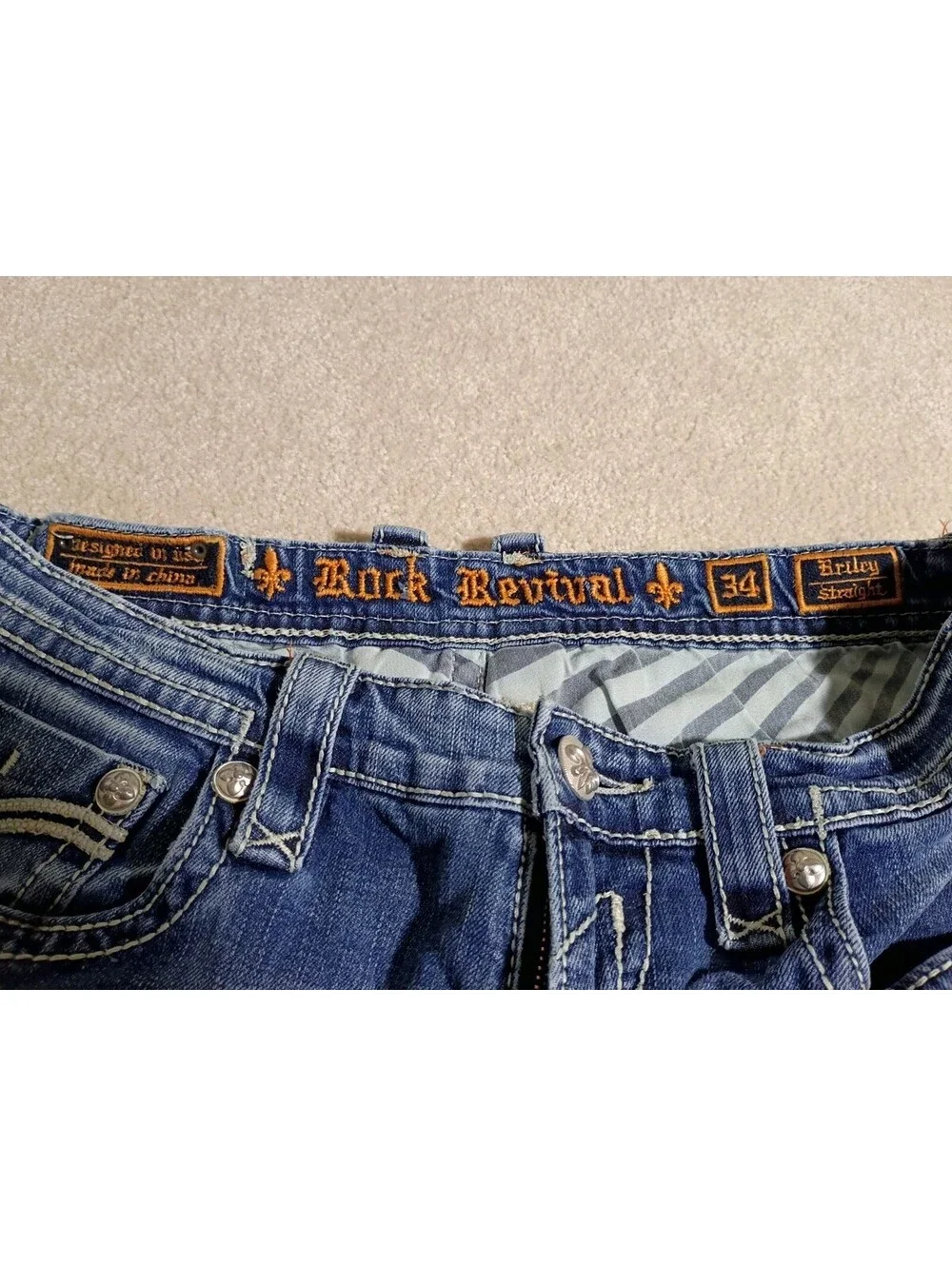 Rock Revival Jeans Men 34x31 Briley Straight Fit Embroidered Denim Pants Flap
